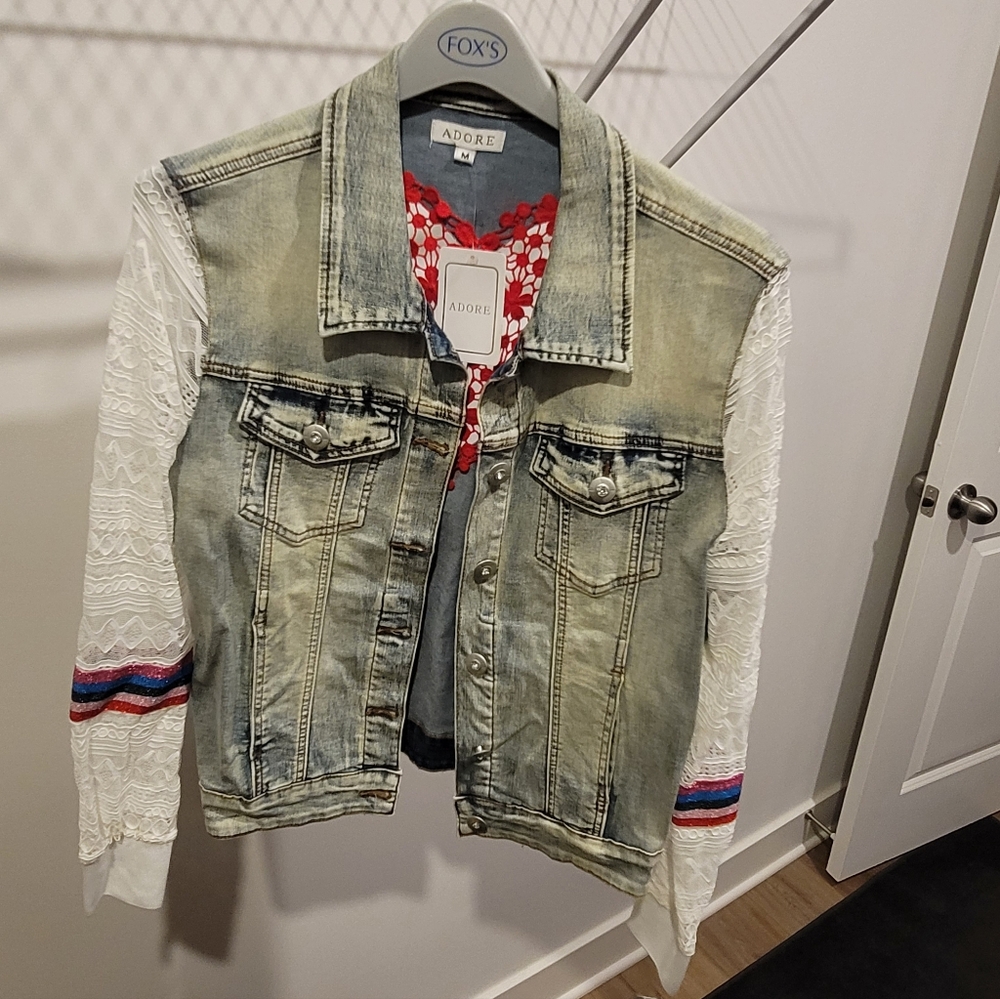 Adore Light Blue Denim Jacket with White Lace Sleeves